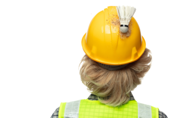 Back view caucasian blonde man construction industrial worker wear yellow hard hat safety vast. Badminton shuttlecock fly fall down into head of engineer as accident. White background isolated