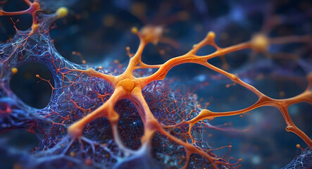 An intricately intertwined network of orange neurons, Ai generative