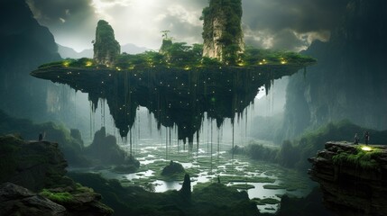 Panorama of the surrounding area showing a Sci-fi flying island