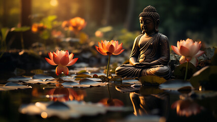 Statua del Buddha in un rigoglioso giardino in mezzo all'acqua e ai fiori di ninfea nella foresta - obrazy, fototapety, plakaty