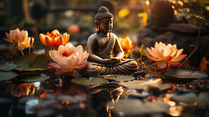 Statua del Buddha in un rigoglioso giardino in mezzo all'acqua e ai fiori di ninfea nella foresta - obrazy, fototapety, plakaty