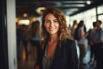 businesswoman smiling in a modern office room full of colleagues