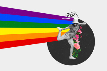 Collage creative illustration poster banner dancing young guy rainbow equal rights night sky stars...