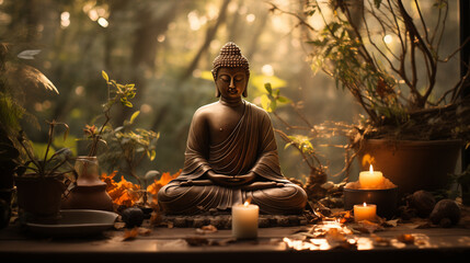Statua del Buddha in un rigoglioso giardino in mezzo alla foresta