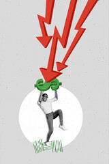 Creative vertical collage poster picture worker person clueless prevent money falling dollar...