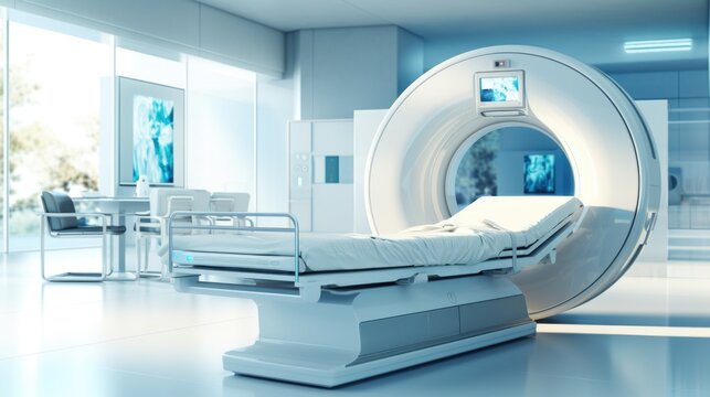 Interior design futuristic sci-fi medical room with MRI machine in hospital