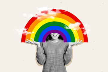 Artwork magazine collage picture of excited smiling lady holding colorful rainbow cover close eye...