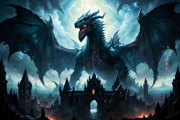 A gigantic black dragon above a medieval city - Oil painting style - obrazy, fototapety, plakaty