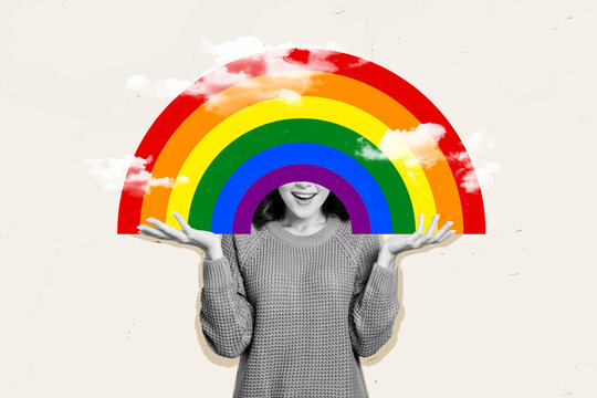 Artwork magazine collage picture of excited smiling lady holding colorful rainbow cover close eye isolated grey color background