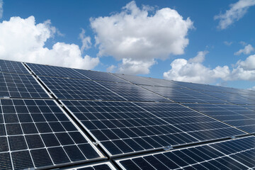 Solar panel on blue sky background, Alternative energy concept, Solar power station for producing...