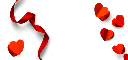 Design elements for Valentine's Day isolated on white background. Pairs of red hearts, heart shaped golden candies and Red ribbon with natural transparent shadow on Transparent background, clipping pa