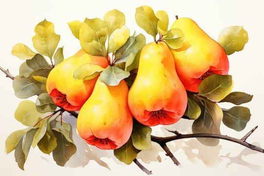 Watercolor quince fruit isolated on white. AI Generated