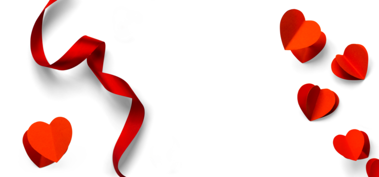 Design elements for Valentine's Day isolated on white background. Pairs of red hearts, heart shaped golden candies and Red ribbon with natural transparent shadow on Transparent background, clipping pa