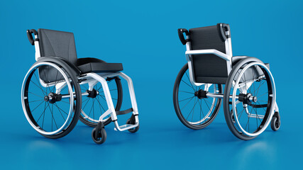 Fototapeta na wymiar 3D render of black wheelchair isolated on colored blue background, Hospital Wheelchair