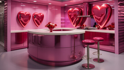 Pink reception desk with heart-shaped decoration.
generativa IA