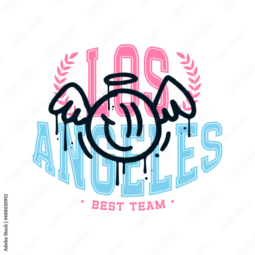 Wall mural college tee print with angel graffiti style graphic. los angeles varsity vector concept.