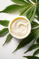 Layout of Hemp cosmetic products. Cream, lotion, cbd, oil. Cannabis leaves. White background. Top view, flat lay. Generative Ai