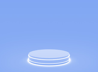 3d blue neon light cylinder podium minimal studio blue bright background. Abstract 3d geometric shape object illustration render. Display for technology product.