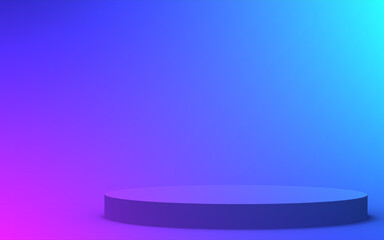 3d purple blue neon light cylinder podium minimal studio gradient dark colors background. Abstract 3d geometric shape object illustration render. Display for nightclub party and technology product.