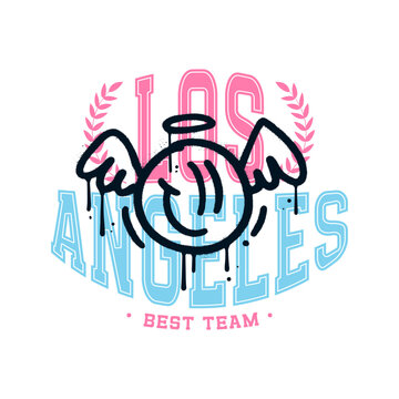 College tee print with angel graffiti style graphic. Los Angeles varsity vector concept.