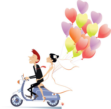 Happy married wedding couple rides on the scooter. 
Happy married wedding couple rides on the scooter with a lot of air balloons. Isolated on white background
