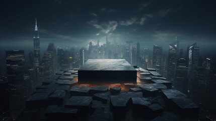 Empty black stone podium on the background of a beautiful blurry city skyline at night, mock up
