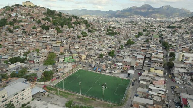 Aerial view of a soccer field in Favela Complexo do Alem&atilde;o Rio de Janeiro