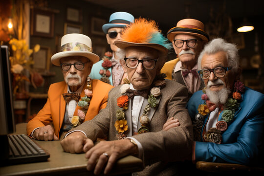 Senior men group, colorful hippie clothes, hats and flower necklace, gray hair,  using a computer, lifestyle and friendship