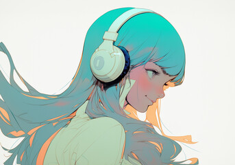 ヘッドフォンで音楽を聴くアニメ風の女の子　AI生成画像 - obrazy, fototapety, plakaty