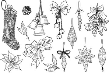 Vector Christmas decorations. Hand drawn Christmas sock, bells, balls, poinsettia and leaves, bow and Christmas garland.
