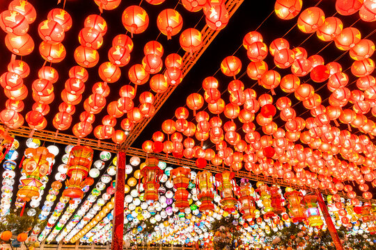 Show of lanterns hanging at Fo Guang Shan Buddha Museum during the Lantern Festival holiday in Kaohsiung, Taiwan.