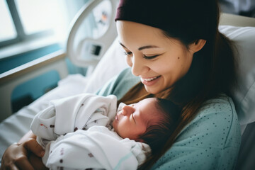 Beautiful young mother holding her newborn in maternity ward after delivery. New mom welcoming her first child into the world. Woman after labor in hospital bed.