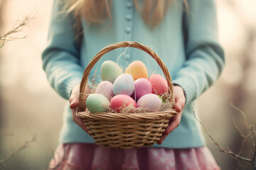 Fototapeta na wymiar Child holding a basket of pastel colored Easter eggs on sunny spring day. Celebrating Easter outdoors.
