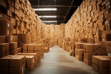 Large hangar warehouse of industrial and logistics companies. Long shelves with a variety of boxes.

