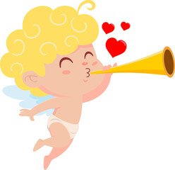 Cute Cupid Angel Cartoon Character Playing Pipe. Vector Illustration Flat Design Isolated On Transparent Background