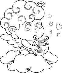 Outlined Cute Cupid Angel Cartoon Character Sing A Love Song With Harp Over Clouds. Vector Hand Drawn Illustration Isolated On Transparent Background