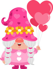 Cute Valentine Female Gnome Cartoon Character With Heart Balloons. Vector Illustration Flat Design Isolated On Transparent Background