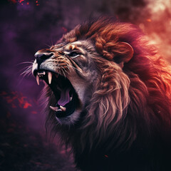 an angry lion with his mouth wide open, in the style of light crimson and purple