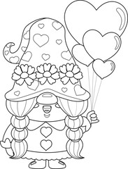 Outlined Cute Valentine Female Gnome Cartoon Character With Heart Balloons. Vector Hand Drawn Illustration Isolated On Transparent Background