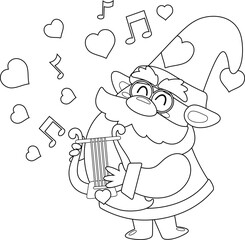 Outlined Cute Valentine Gnome Cartoon Character Sing A Love Song With Harp. Vector Hand Drawn Illustration Isolated On Transparent Background