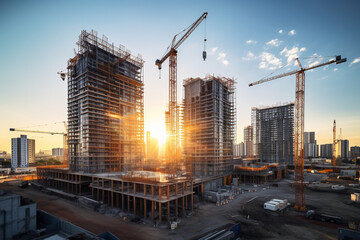 a construction site with high cranes,a panoramic shot against the background of a beautiful sunset,