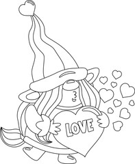 Outlined Cute Valentine Female Gnome Cartoon Character Sends Kisses And Holding Love Heart. Vector Hand Drawn Illustration Isolated On Transparent Background