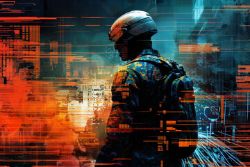 abstract idea of protecting the digital world, portrait of a cyber police officer guarding confidential information from hackers and kidnappers, illustration