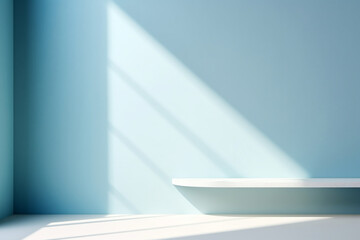 Minimalistic abstract simple turquoise background,,plastered wall with a falling shadow from the window, with a white shelf,product presentation design concept