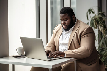 Fototapeta premium fat black man ,plus-size, manager, in beige business clothes sitting at a desk with a laptop in a modern office, the concept of diversity
