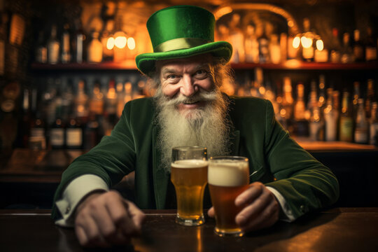 Mischievous Irish leprechaun wearing green suit and green hat having beer at a bar. Celebrating St. Patrick's Day in Ireland.