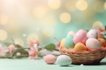 Beautiful pastel Easter eggs in wicker basket on light shining background. Celebrating Easter. Holiday banner. Easter postcard.
