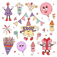 set of isolated groovy retro party elements