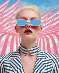 Young blonde woman in blue striped clothes at a fashion photo shoot. Fashion and style concept. Advertising shooting for magazines.