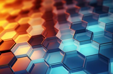 Futuristic geometry: abstract hexagon background in vibrant blue and orange colors - obrazy, fototapety, plakaty